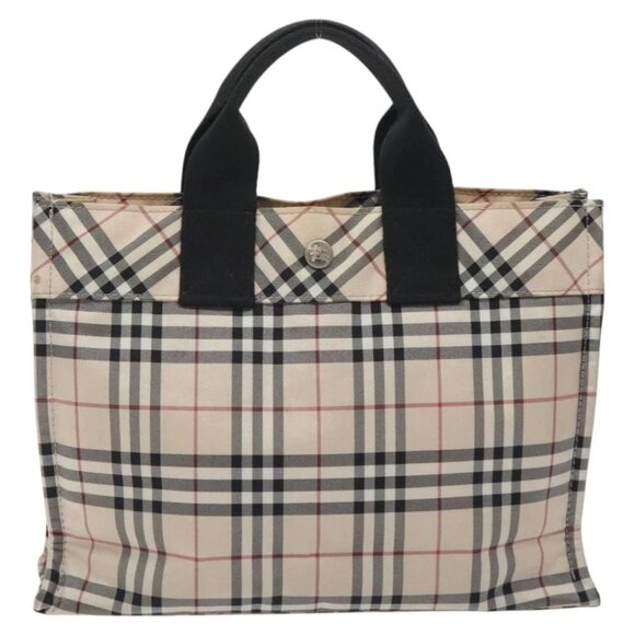 BURBERRY Nova Check Blue Label Hand Bag Nylon Beige Silver Auth - Picture 1 of 15